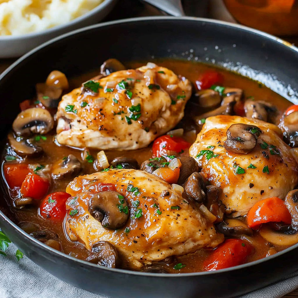 A pan of chicken with mushrooms and tomatoes, cooked in a brown sauce.