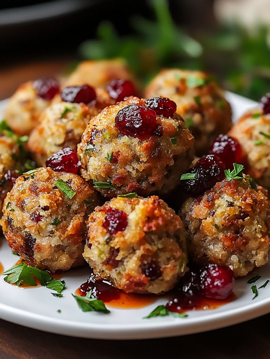 A plate of delicious cranberry and turkey stuffing balls.