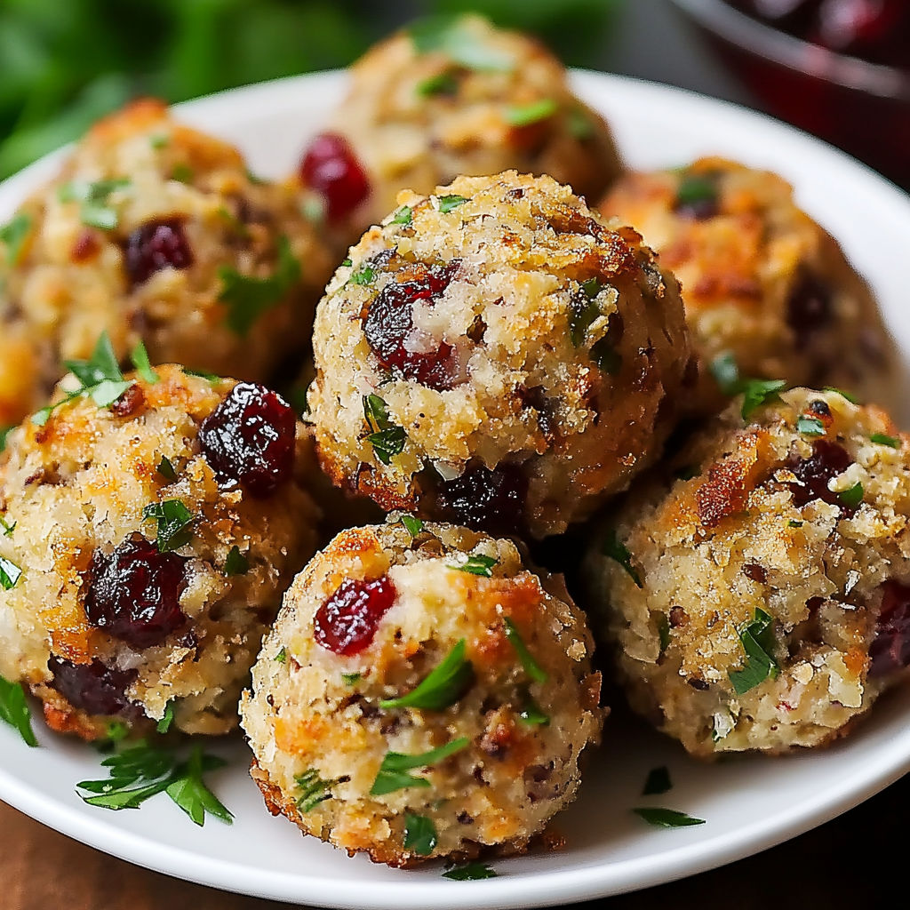 A plate of Cranberry & Turkey Stuffing Balls is displayed on a table.