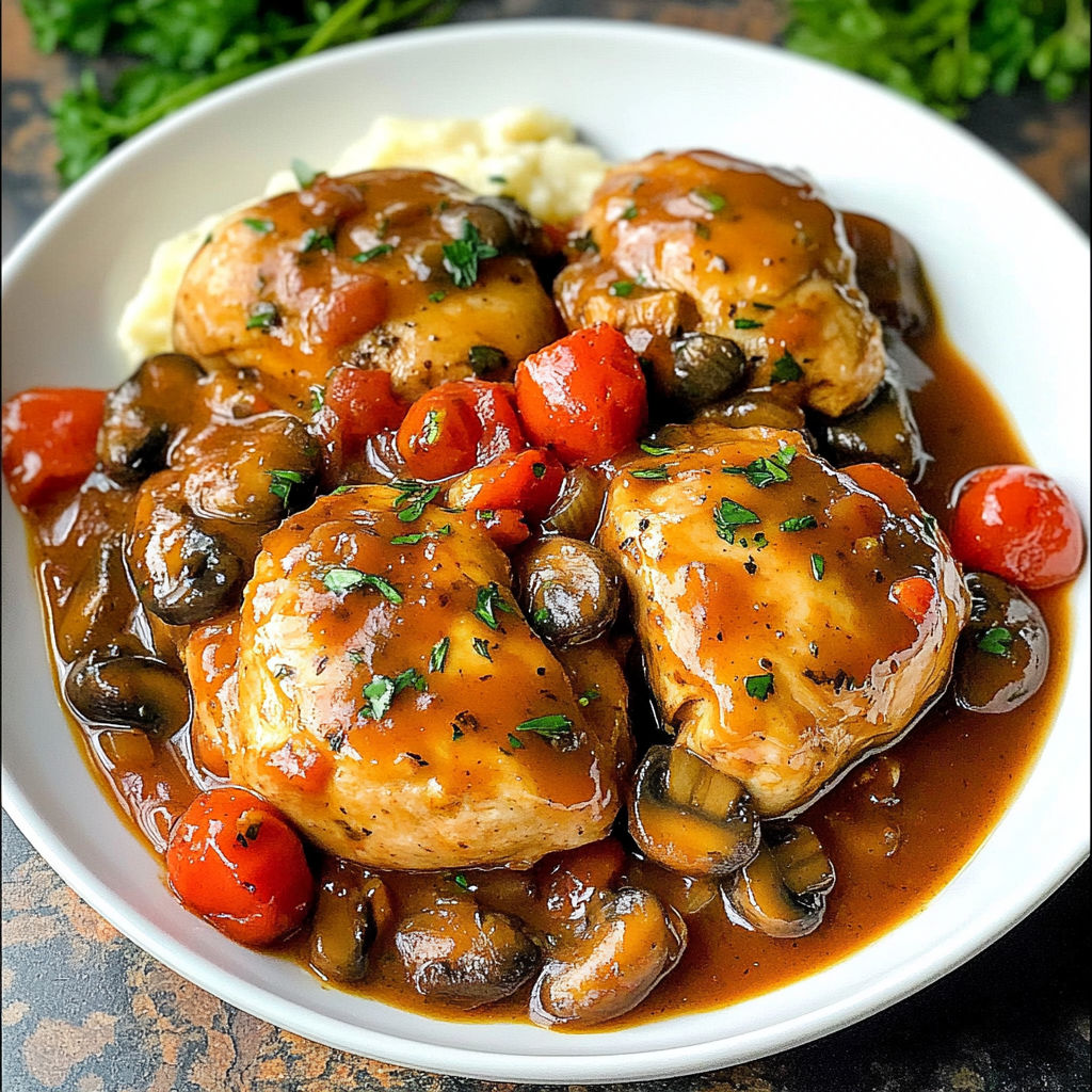 A plate of Chicken Chasseur with mushrooms and tomatoes.