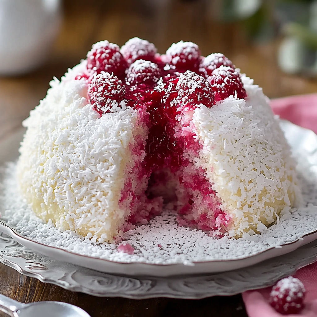 A slice of a snowball cake with white frosting and red raspberries on top.