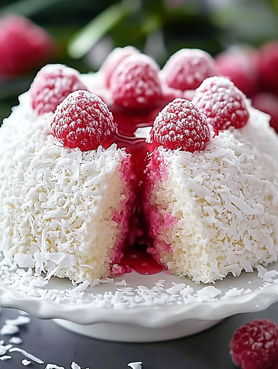 A slice of a white cake with pink frosting and raspberries on top.