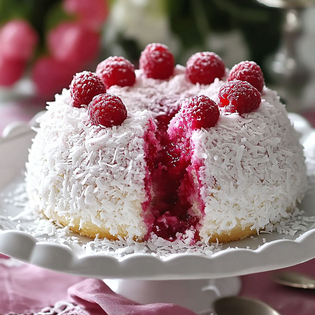 A slice of a white cake with pink frosting and raspberries on top.