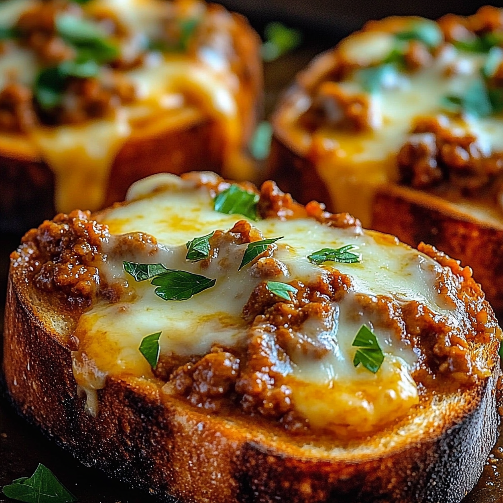 A slice of bread loaded with saucy beef and melted cheese, close up.