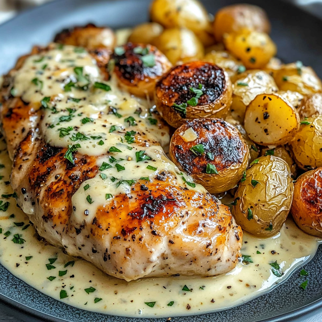 Creamy garlic chicken with crispy baby potatoes on a plate.