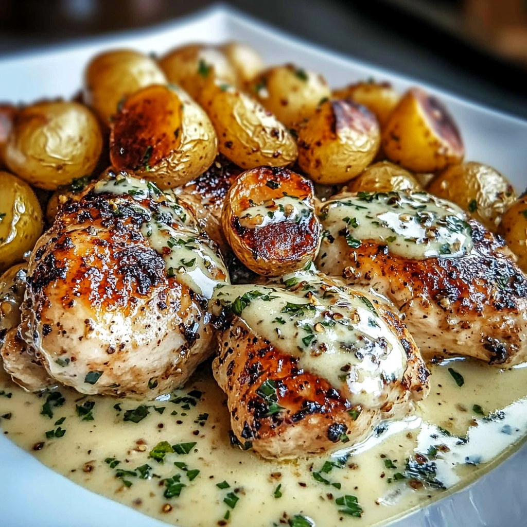 A plate featuring chicken and crispy potato pieces, finished with herbs, all likely dressed in a garlic cream sauce.