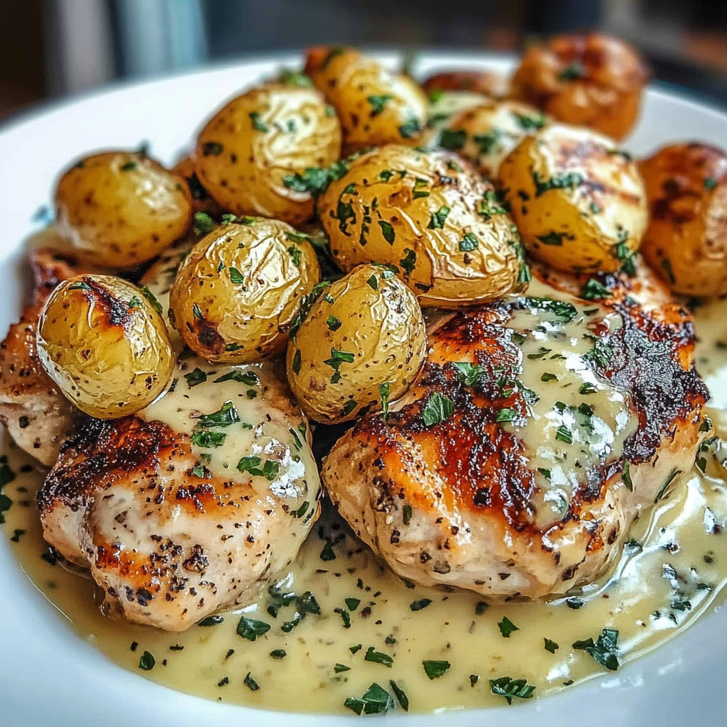 Chicken and golden potatoes piled on a plate, finished with a sprinkle of herbs.