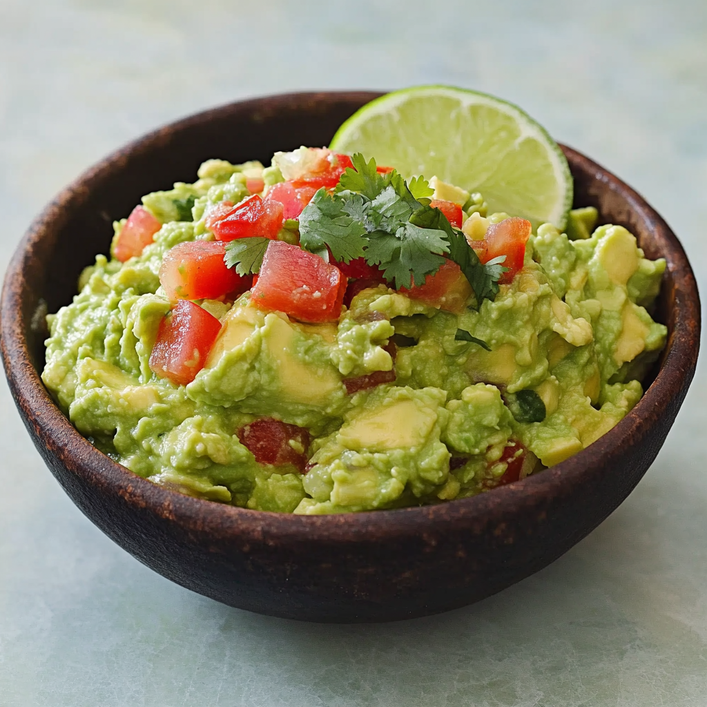 A bowl of guacamole with tomatoes and limes on top.
