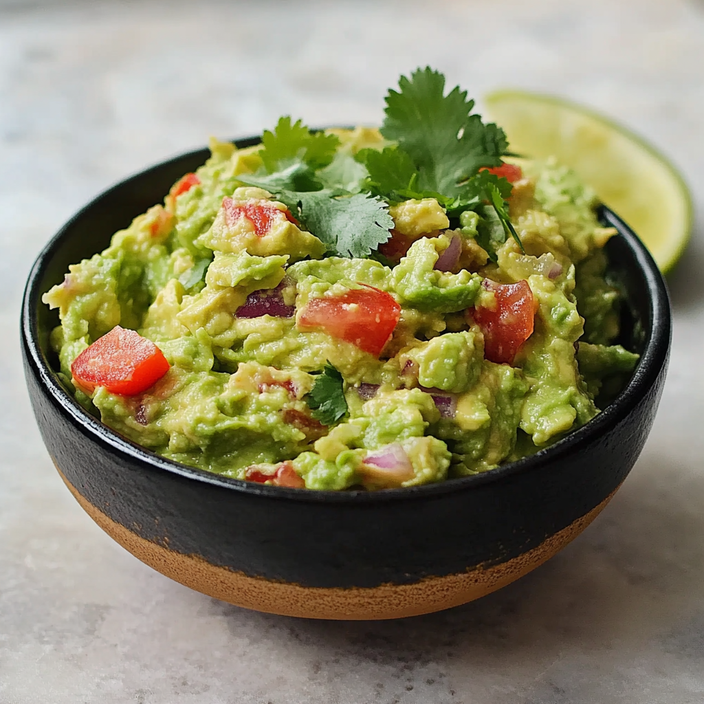 A bowl of guacamole with a sprinkle of cilantro on top.