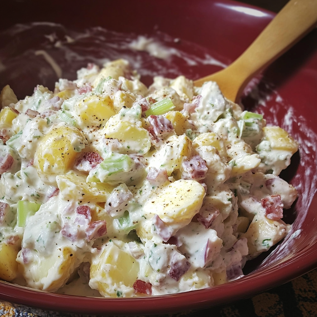 A bowl of Red-Skinned Potato Salad with a wooden spoon in it.