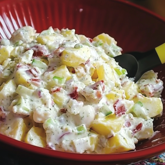 A red bowl filled with a delicious red-skinned potato salad.