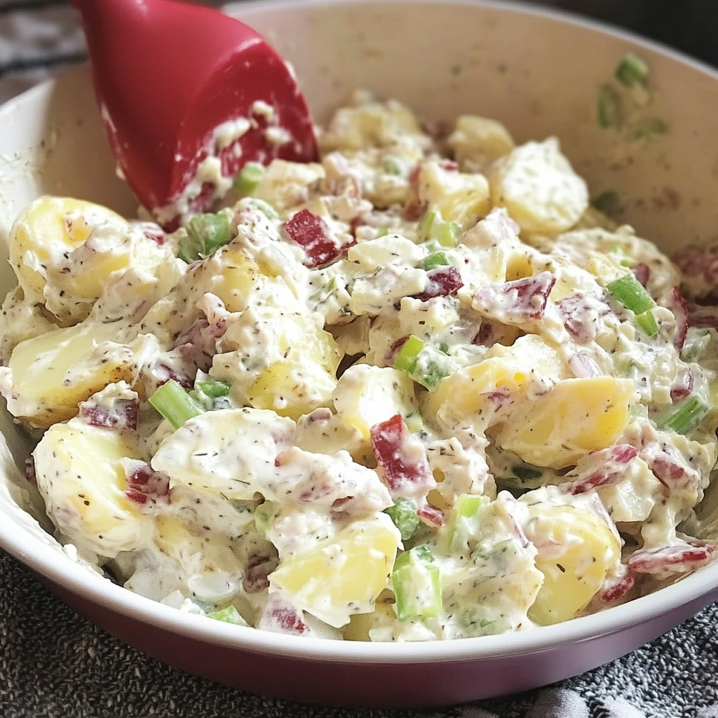 A bowl of red-skinned potato salad with a spoon in it.