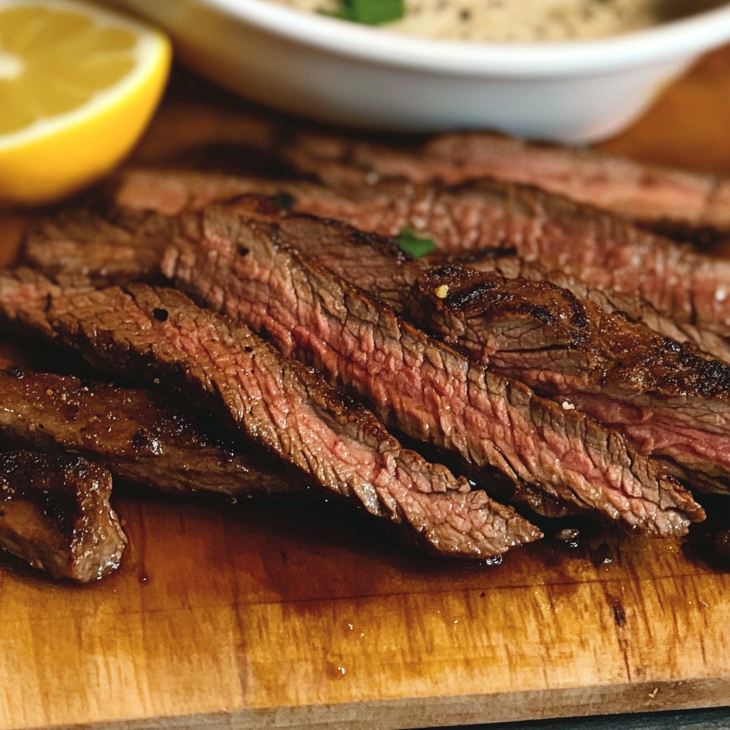 A delicious marinated flank steak is served on a wooden cutting board with a side of lemon wedges.