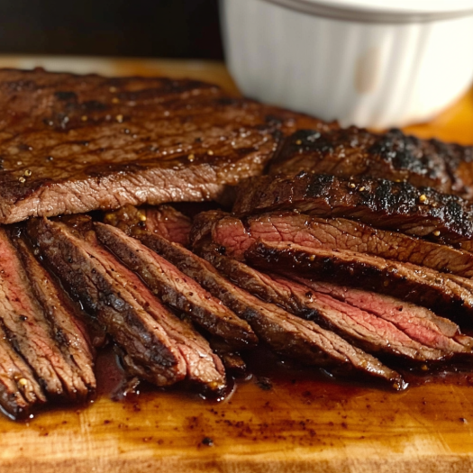 A close up of a delicious steak on a wooden cutting board, ready to be cooked.