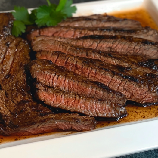 A plate of steak with a garnish of parsley.