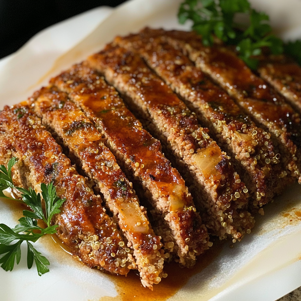 A close up of a delicious Turkey and Quinoa Meatloaf.