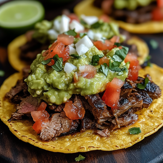 A delicious Mexican Tostada de Carne Asada is served on a wooden cutting board.
