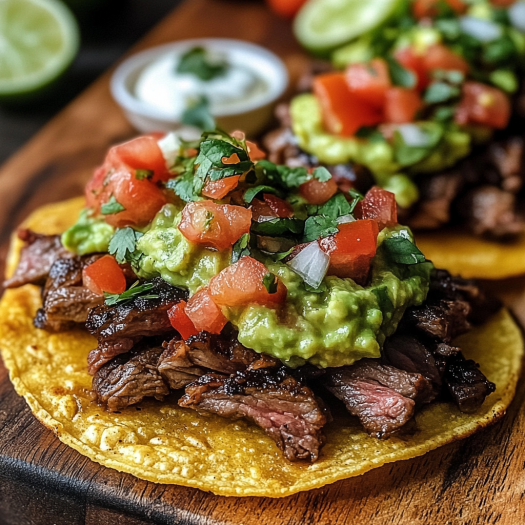 A delicious Mexican Tostada de Carne Asada is served on a wooden platter.