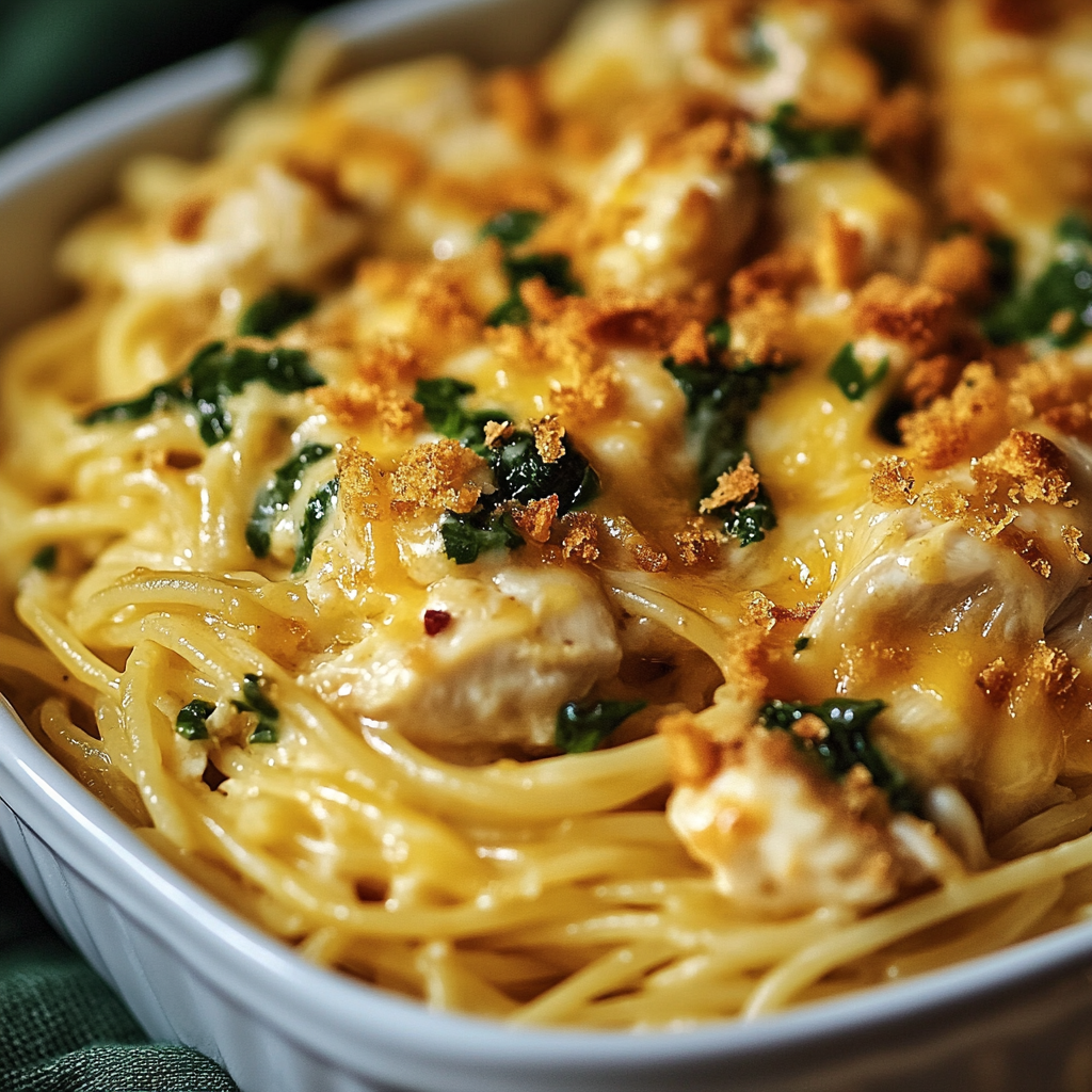 A bowl of Monterey Chicken Spaghetti with cheese and herbs on top.