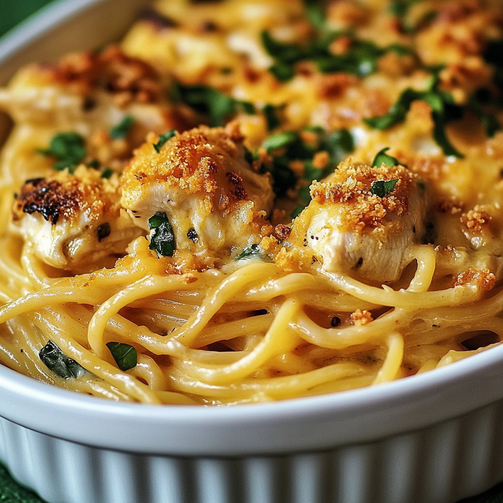 A bowl of pasta with chicken and cheese, topped with breadcrumbs.