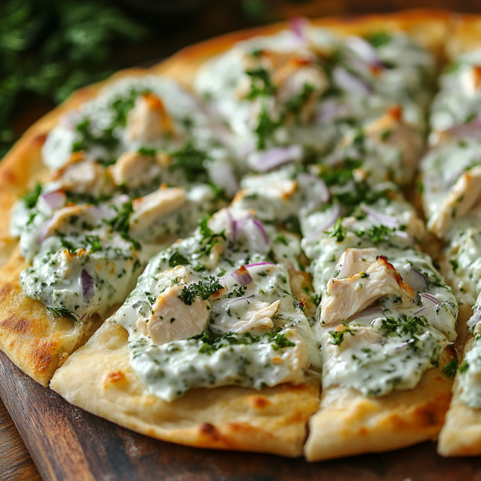A pizza with chicken and vegetables on a wooden table.
