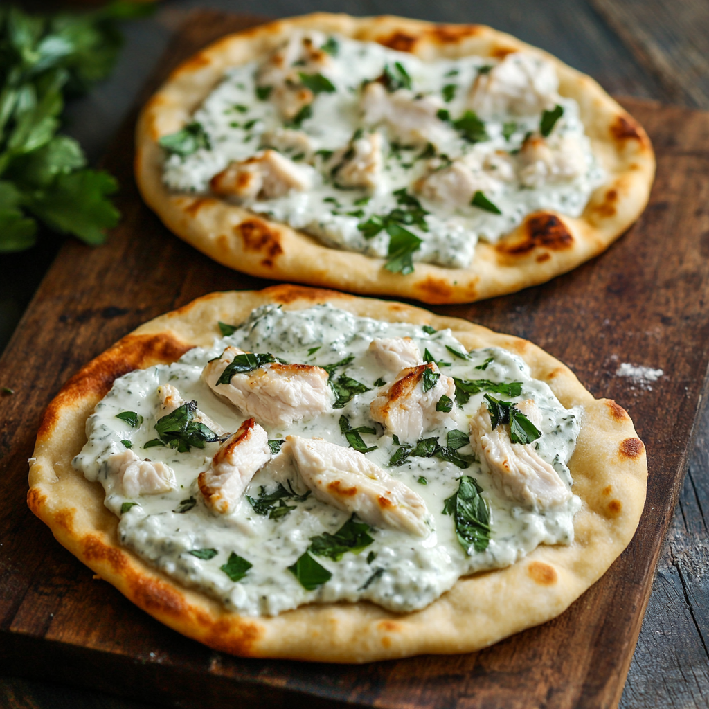 Two pizzas with chicken and vegetables on a wooden table.