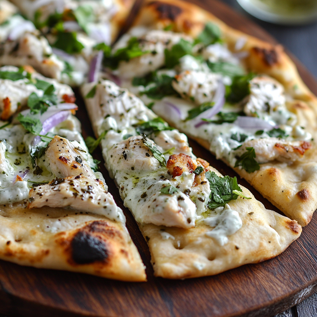 A pizza with chicken and vegetables on a wooden board.