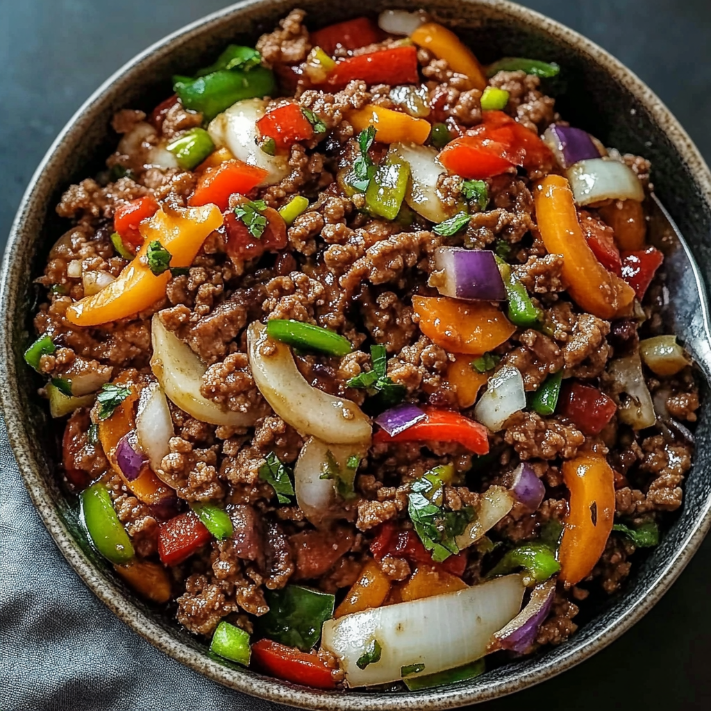 A bowl of ground beef with various vegetables, including peppers, onions, and tomatoes, is ready to be cooked in a Mediterranean Ground Beef Stir Fry.