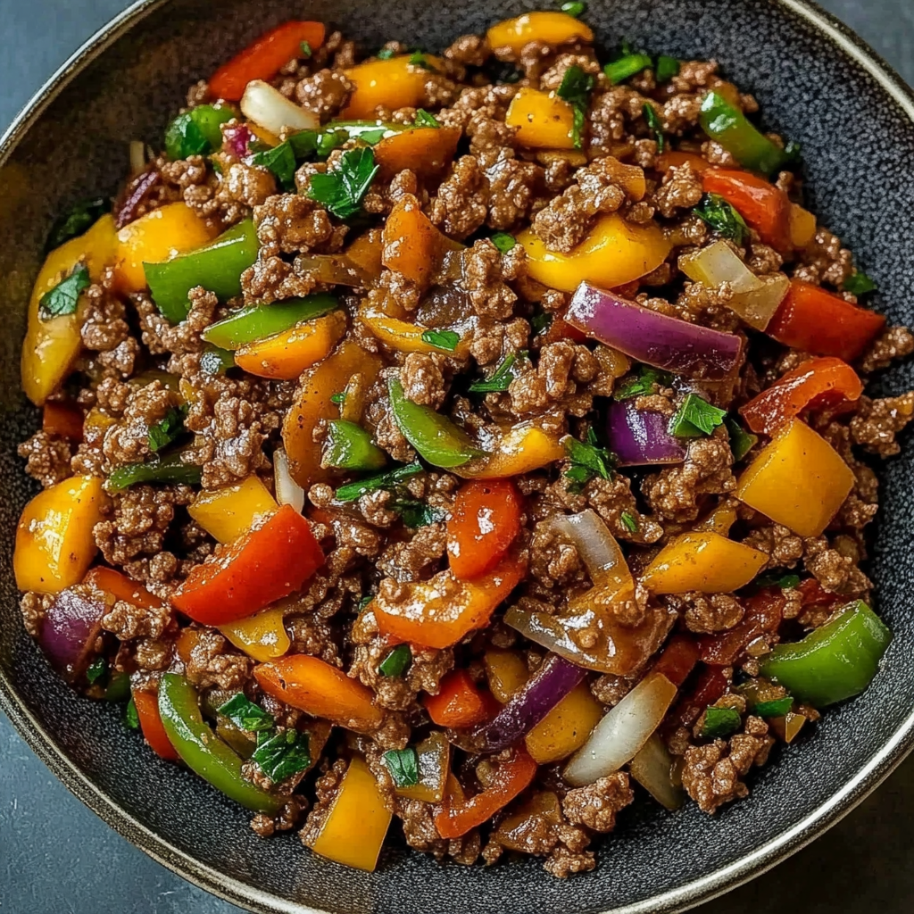 A bowl of beef and vegetable stir fry, including peppers, onions, and carrots.