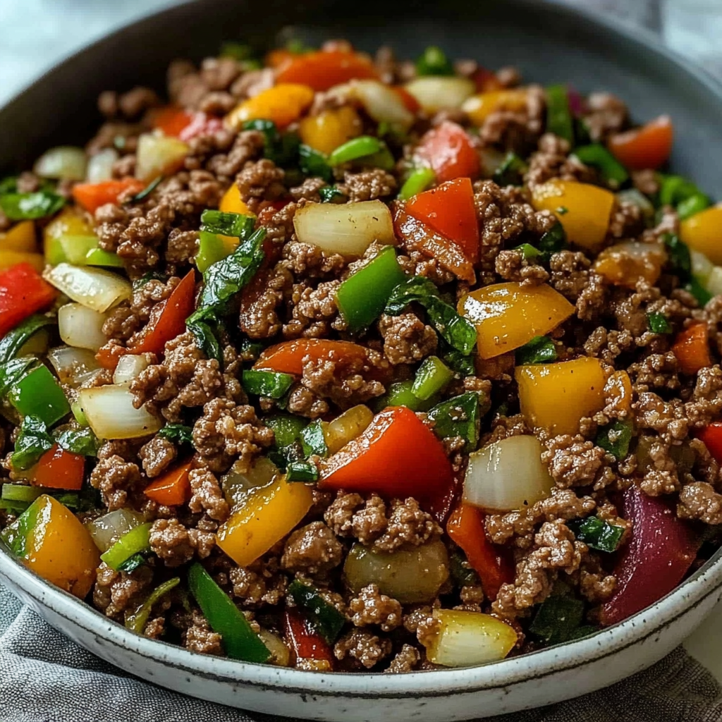 A bowl of beef and vegetable stir fry, including peppers, onions, and tomatoes.