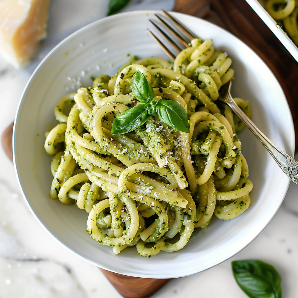 A bowl of pasta with a fork and a green herb on top.