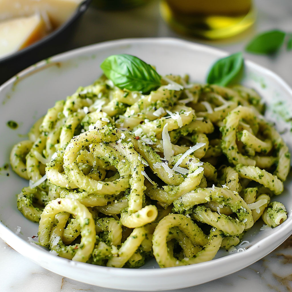 A bowl of pasta with pesto sauce and basil garnish.