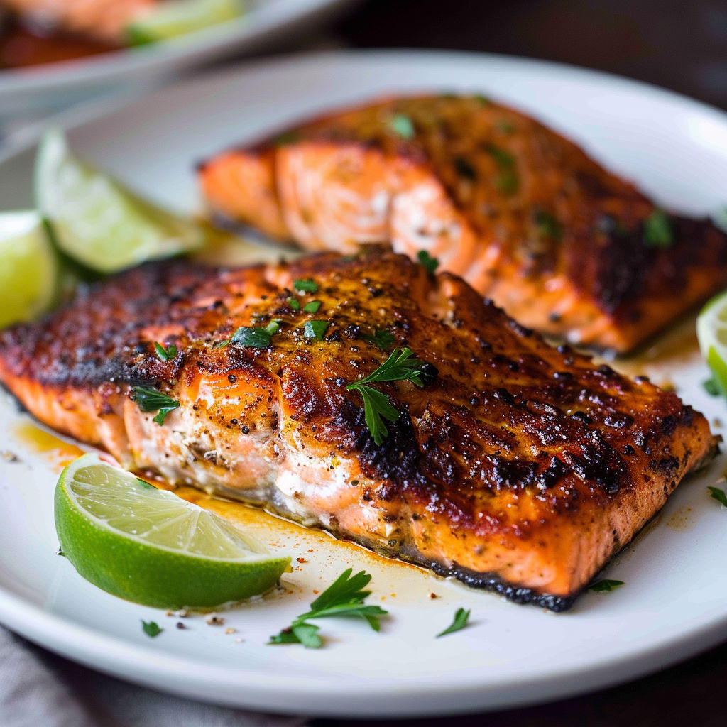 A plate of blackened salmon with lime wedges on the side.