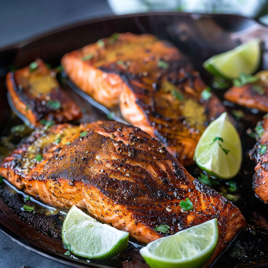 A pan of grilled salmon with lime wedges and herbs.