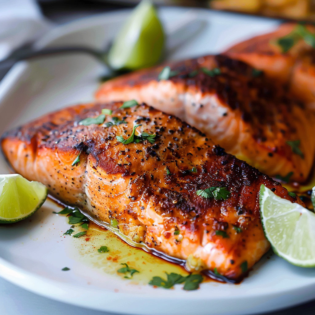 A plate of grilled salmon with lime wedges and herbs on top.