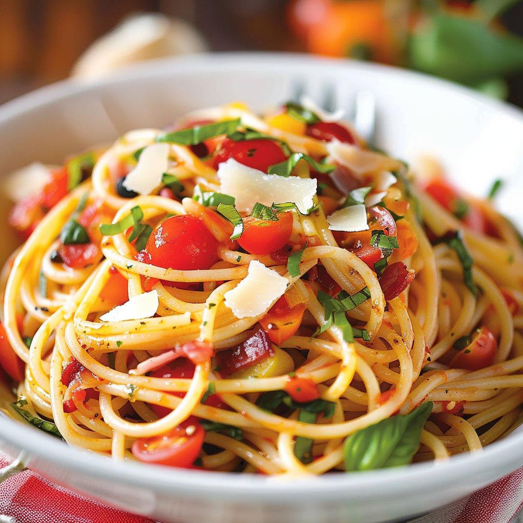 A bowl of spaghetti with tomatoes, basil, and cheese, served on a table.