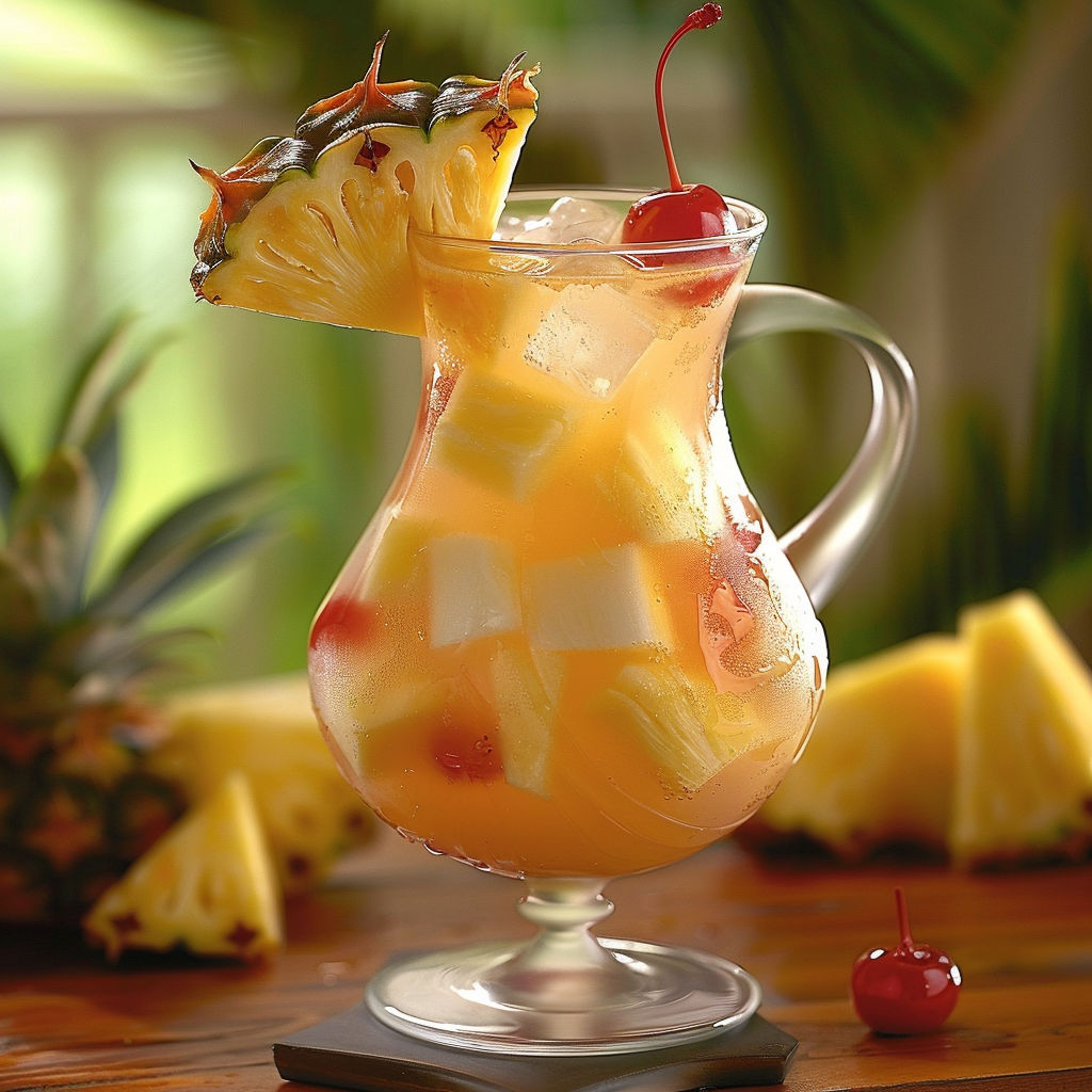 A glass of pineapple juice with a cherry on top, served in a pineapple shaped glass.