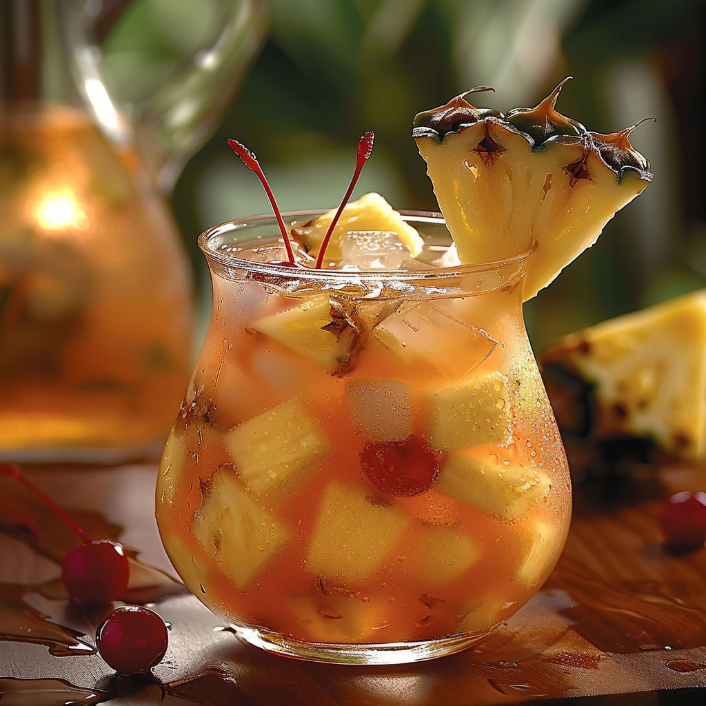 A glass of pineapple juice with a pineapple wedge and cherry garnish.