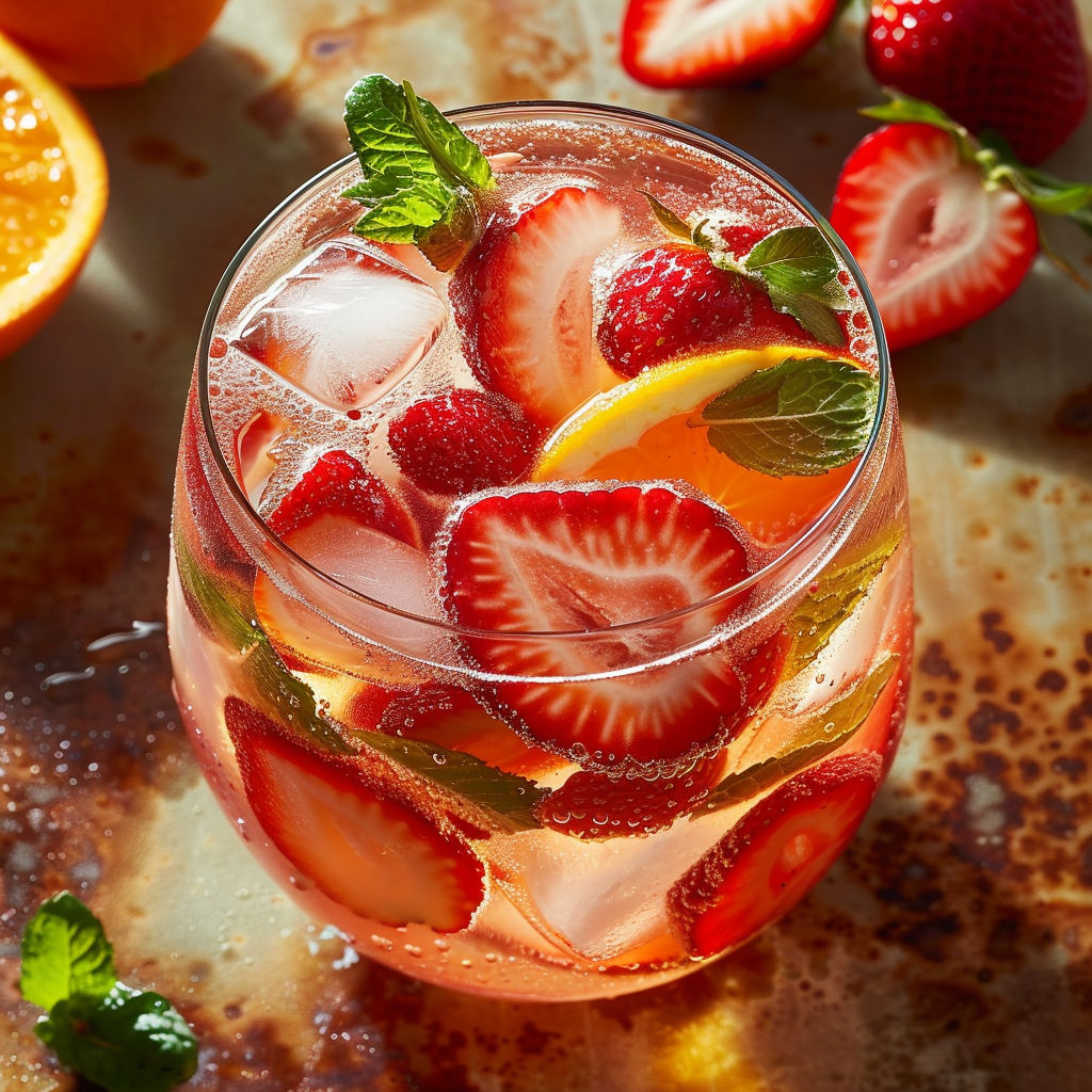 A glass of strawberry lemonade with a slice of lemon and orange.