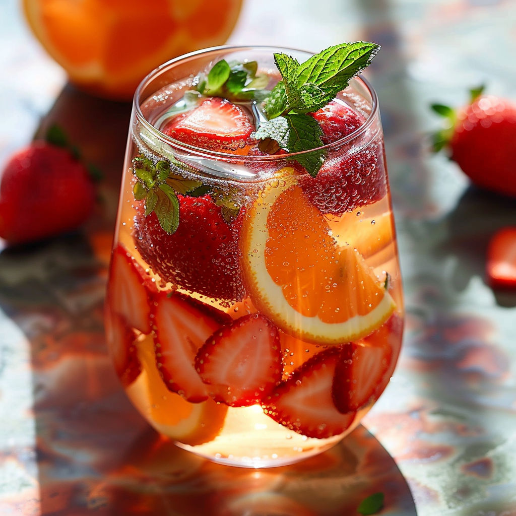 A glass of strawberry and orange juice with a slice of orange and a strawberry on top.