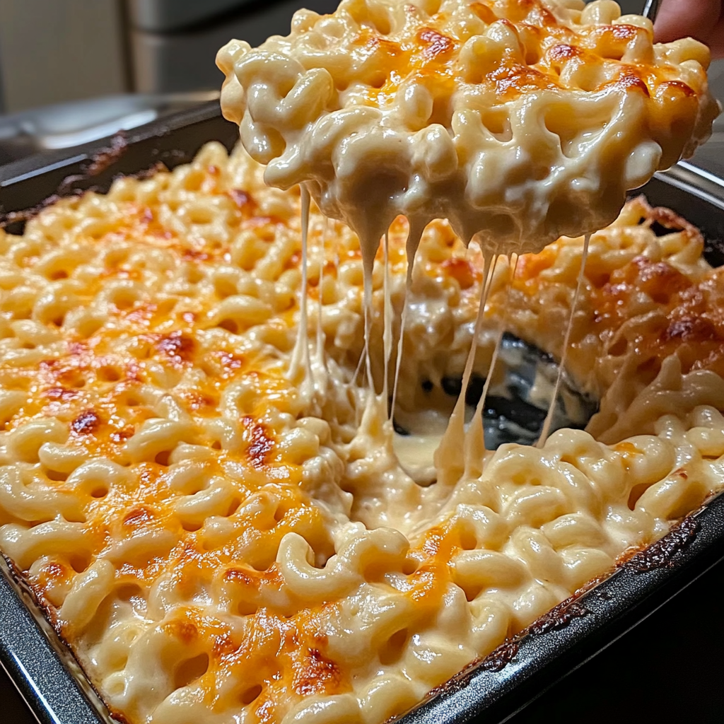 Someone scooping out cheesy and bubbling 5 Cheese Crack and Cheese from a big dish.