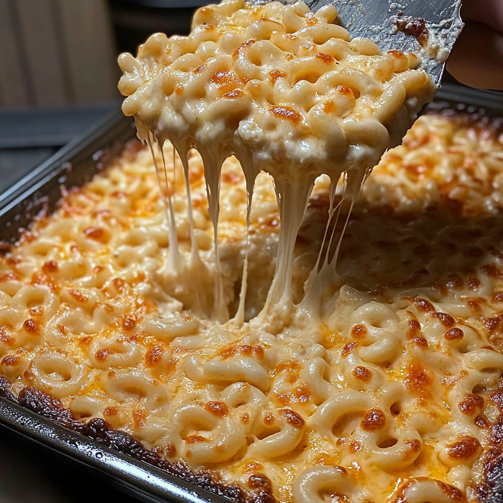 Mac and cheese bubbling in a baking pan, being served up in big cheesy spoonfuls.