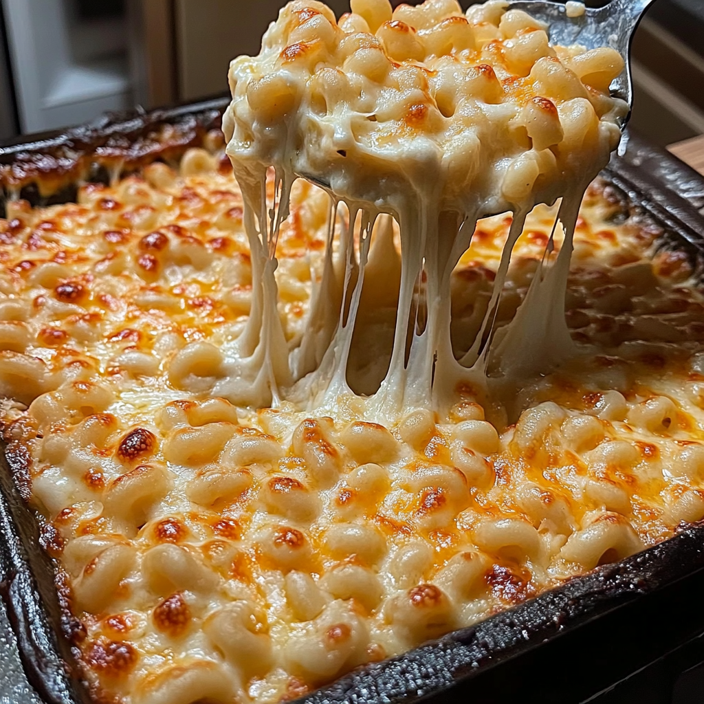 Freshly baked mac and cheese packed with melted cheese, fork standing tall in one gooey bite.