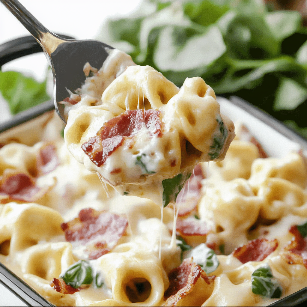 A fork is being used to serve a delicious pasta dish, which includes cheese and bacon.