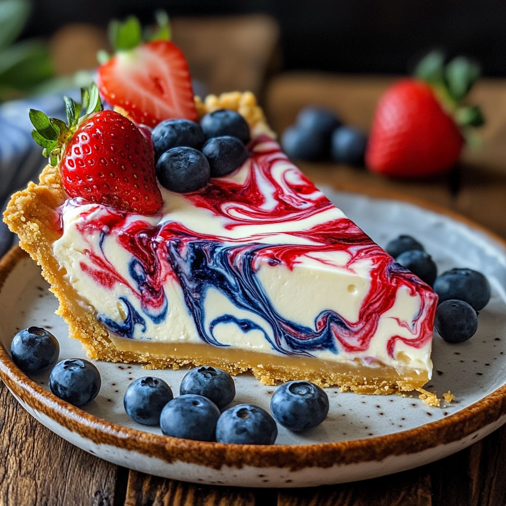A slice of blueberry cheesecake with strawberries on top.