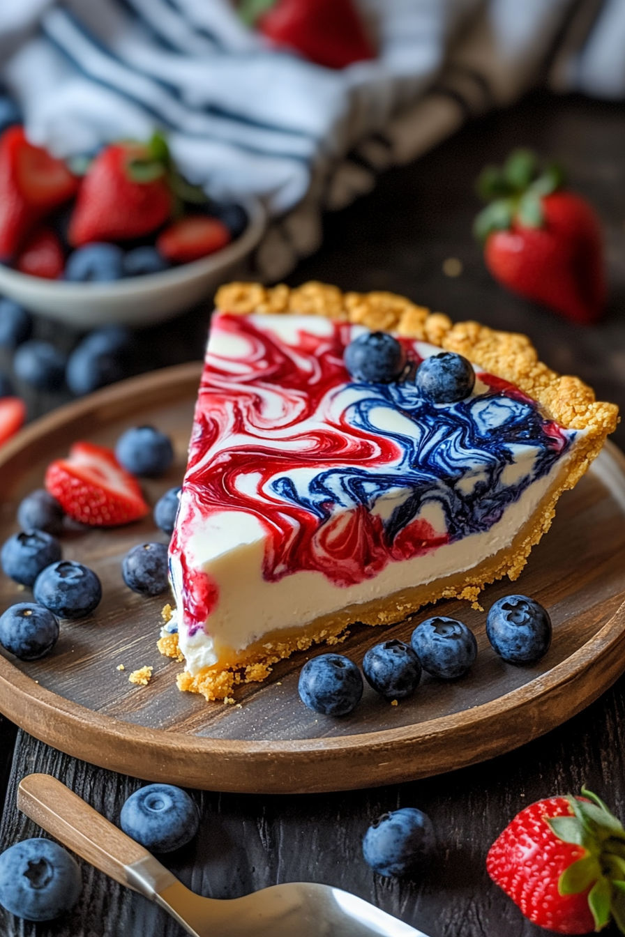 A slice of pie with blueberries and strawberries on top.