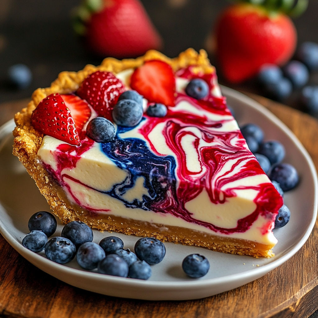 A slice of 4th of July Swirl Pie with strawberries and blueberries on a plate.