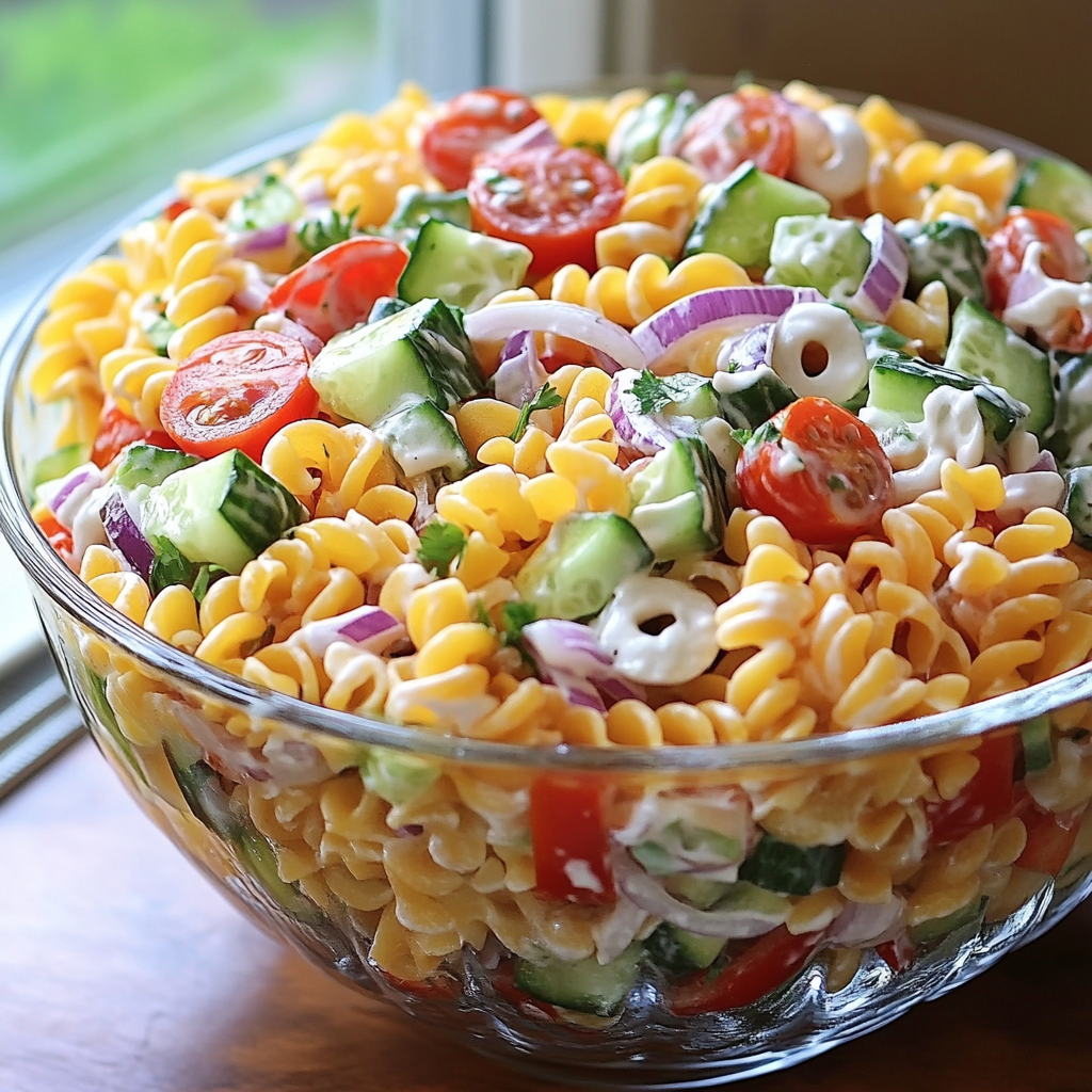 A bowl of pasta salad with various vegetables and noodles.