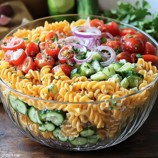 A bowl filled with pasta, vegetables, and onions, including cucumbers, tomatoes, and peppers.