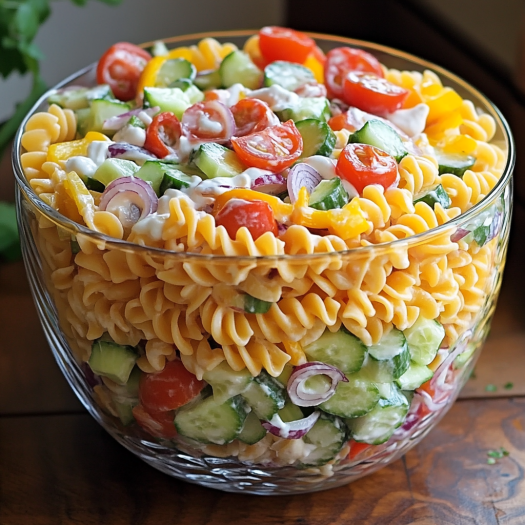 A bowl of pasta salad with tomatoes, cucumbers, and onions.